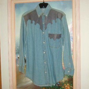 Denim Shirt Blue M Leather Yoke & Pocket Chambray Unisex